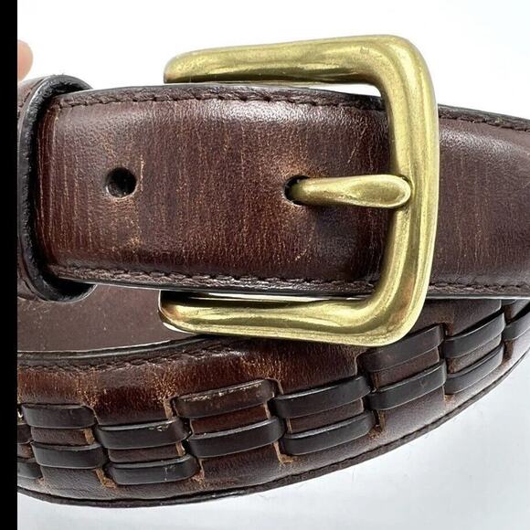 Woven Brown Leather Belt 34 Solid Brass Buckle Vintage Boho Western Streetwear - Picture 2 of 11